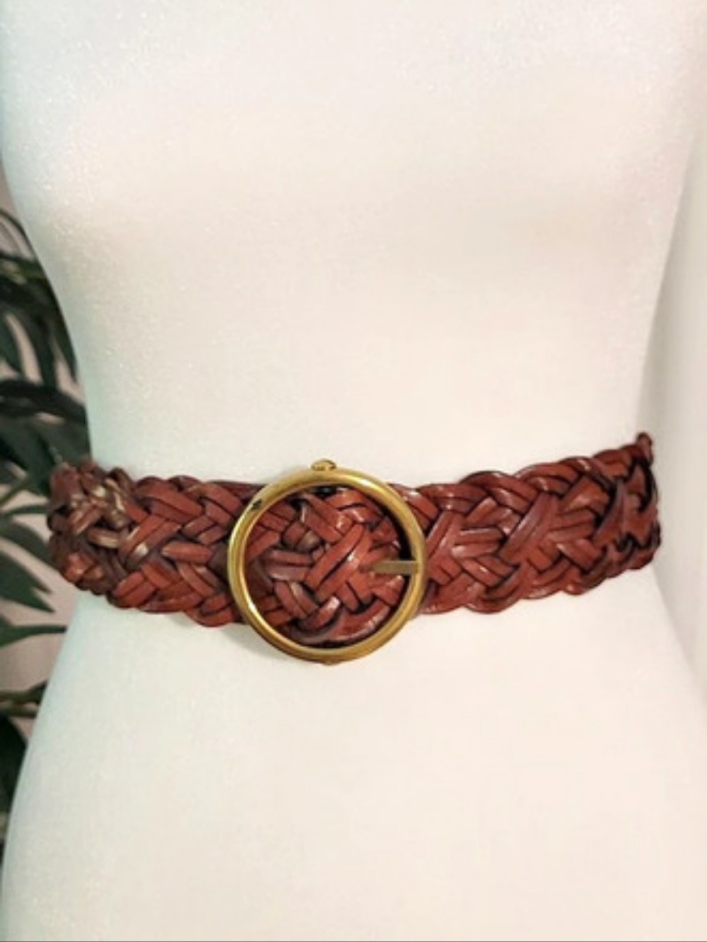 LOFT Braided Leather Belt with Round Brass Buckle, Brown
